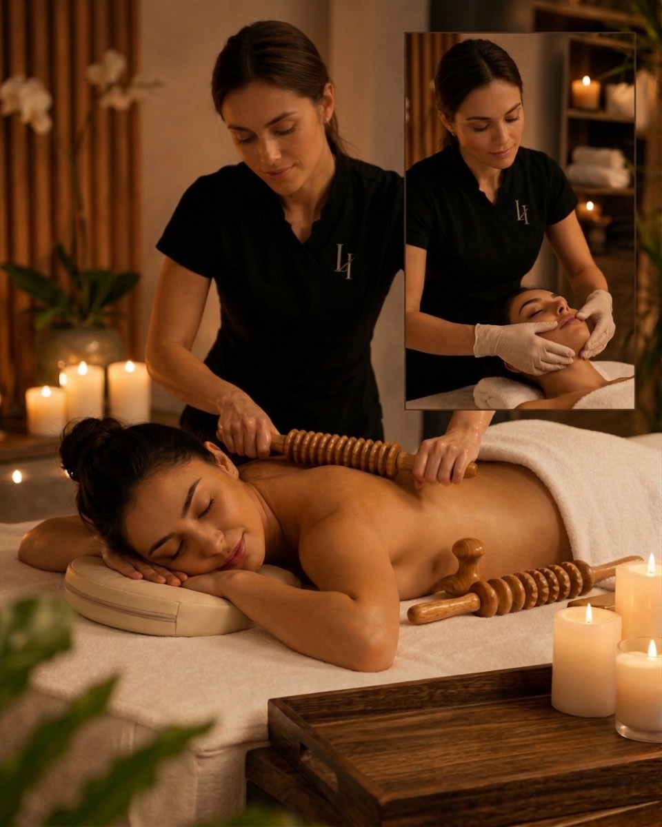 Wooden maderotherapy tools and a sealed collagen mask laid out for the Sculpt and Glow Ritual