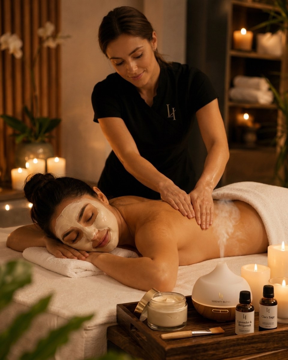 Aromatherapy oils, folded cream towels and a collagen mask set out for the Serenity Ritual